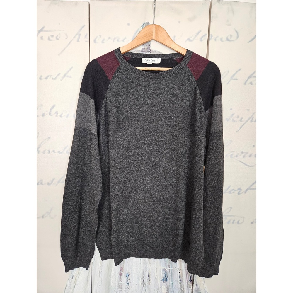 Calvin Klein Mens XL Gray Colorblock Cotton Raglan Long Sleeve Crew Neck Sweater